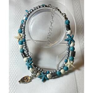 Softones Blue Starfish Owl Anklet Multilayer Charm Beads Sea Boho Foot jewelry v